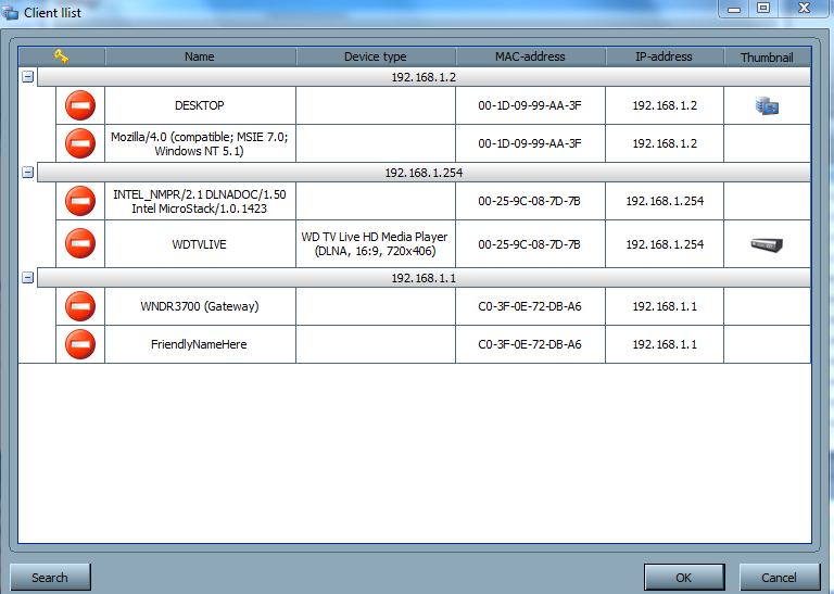 Screenshot of devices found in 'search'